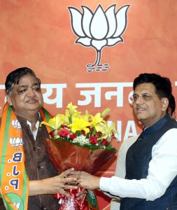 Samajwadi Party senior leader Naresh Agarwal being  Piyush Goyal welcomed by BJP as he joined  Bharatiya Janata Party (BJP) in New Delhi at BJP  Headquarters on Monday