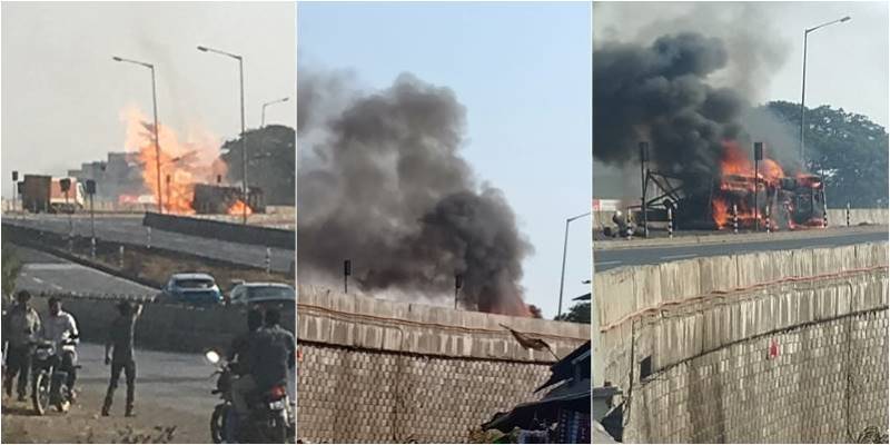 Photo of पालघर जिला : गैस सिलेंडर से भरे ट्रक में आग लगने से ट्रक और मैजिक रिक्शा जल कर हुई खाक .ट्रक चालक की मौत